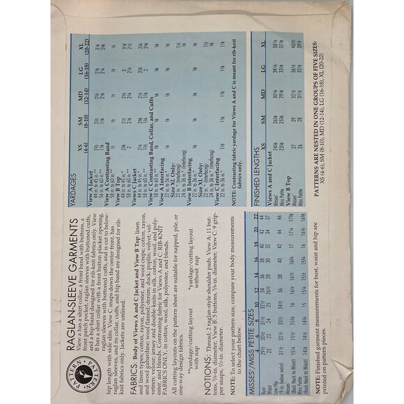 Raglan-Sleeve Garments Sewing Pattern For Misses Sizes XS-XL Includes Tops & Car - Picture 2 of 2